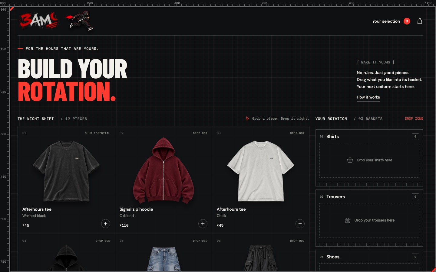 3AM Club's Build Your Rotation collection of T-shirts, hoodies and outfit baskets