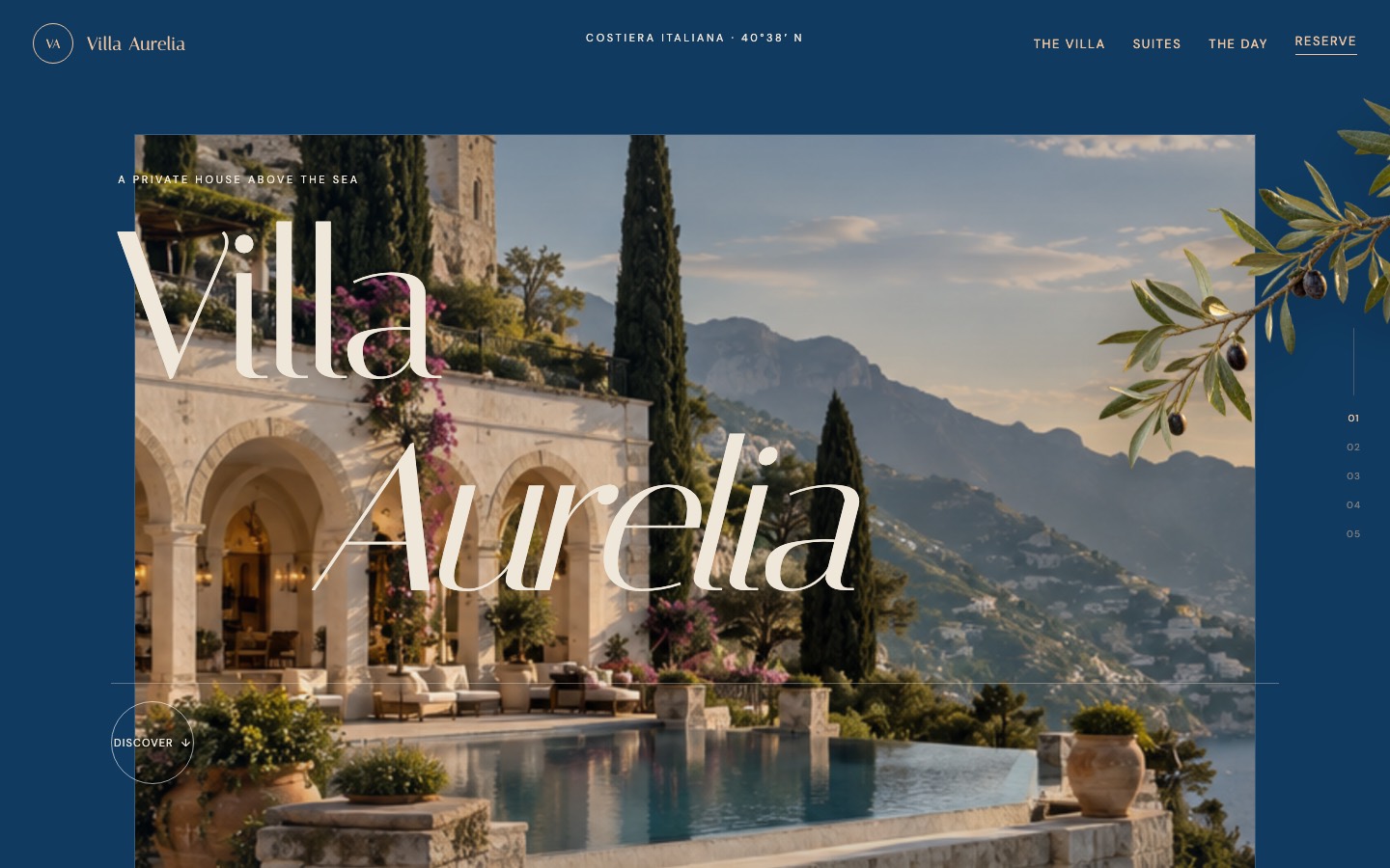 Villa Aurelia hotel website, with an Italian villa overlooking the sea
