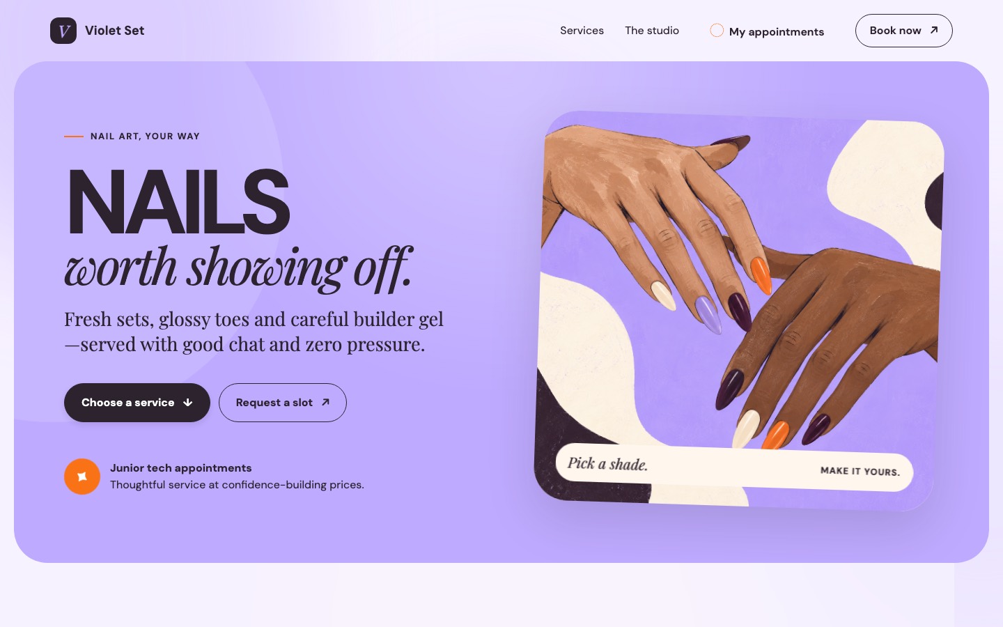 Violet Set nail studio's lavender homepage with colourful nail art