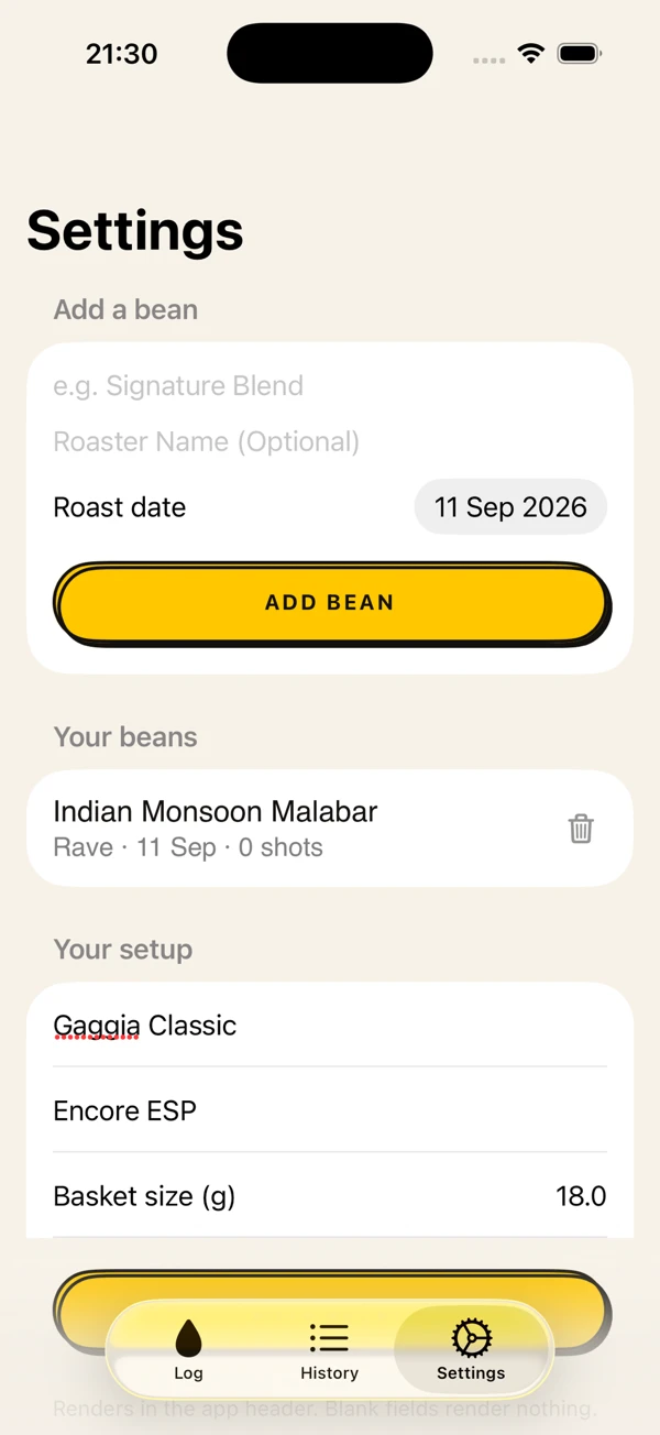 Genuine Puck Life settings screen, showing the coffee bean library and roast date input
