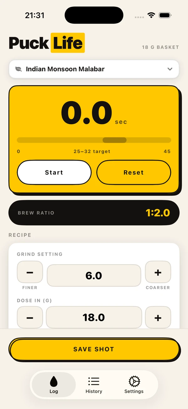 Puck Life’s iPhone app showing the espresso timer, grind setting, dose and save-shot controls